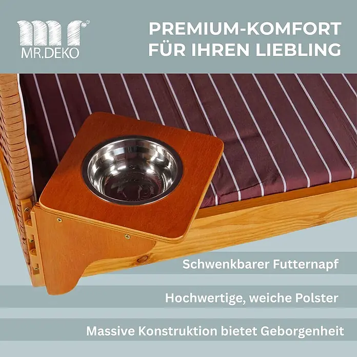 Mr. Deko Strandstuhl für Hunde - Wacholder, Rot, B x T x H: 80 x 65 x 95 cm - Ein Holztierbett mit gestreiftem Kissen und schwenkbarem Edelstahlnapf bietet Premium-Komfort und massive Konstruktion.