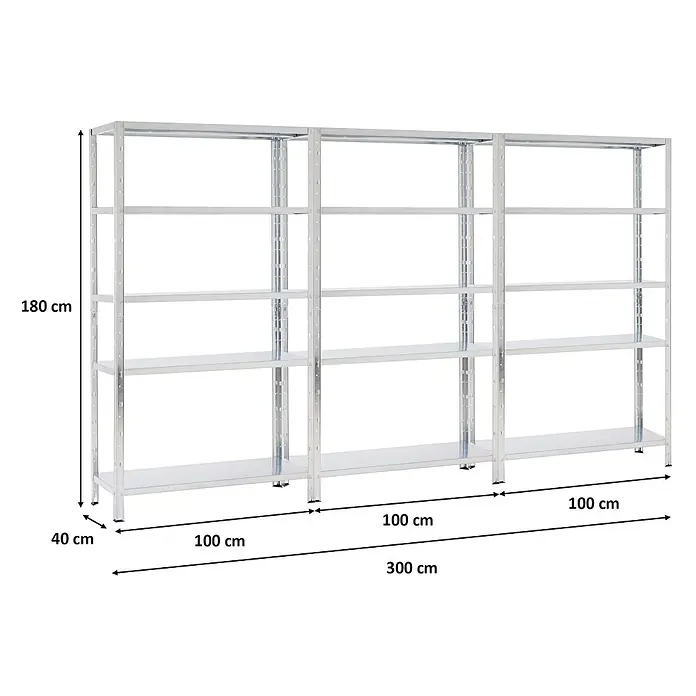 Proregal Metallregal Mega Deal Ares - H x B x T: 180 x 100 x 40 cm, Traglast pro Boden: 125 kg, Anzahl Böden: 5 Stk., Stecken, Verzinkt - Modulares Schwerlastregal aus verzinktem Stahl mit 5 Böden pro Sektion, Gesamtbreite 300 cm.