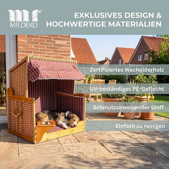 Mr. Deko Strandstuhl für Hunde - Wacholder, Rot, B x T x H: 80 x 65 x 95 cm - Hundestrandkorb aus PE-Geflecht und Holz mit gestreifter Markise, ein schlafender Hund liegt darin.