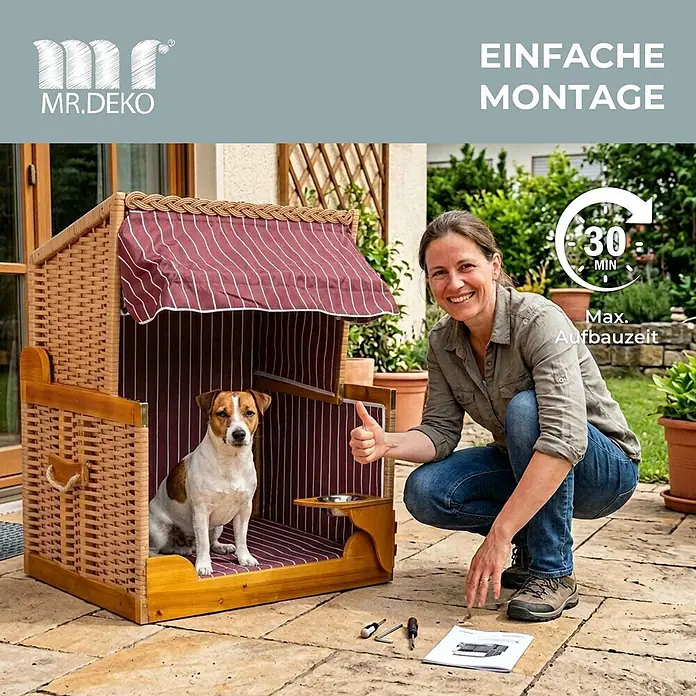 Mr. Deko Strandstuhl für Hunde - Wacholder, Rot, B x T x H: 80 x 65 x 95 cm - Ein Hund sitzt in einem Hundestrandkorb aus Weide und Holz mit rot-weiß gestreiftem Stoff. Eine Frau daneben zeigt den Daumen hoch für einfache Montage.