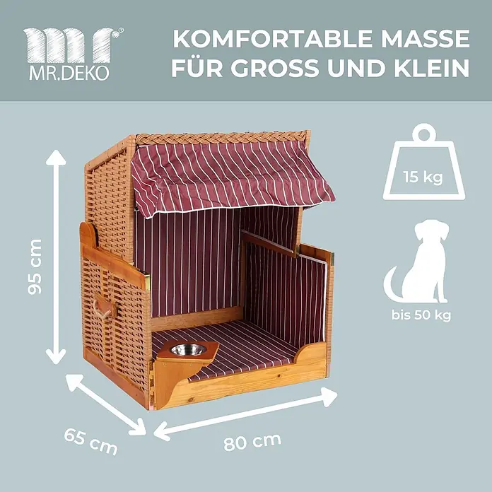 Mr. Deko Strandstuhl für Hunde - Wacholder, Rot, B x T x H: 80 x 65 x 95 cm - Hundestrandkorb aus Holz und Korbgeflecht mit rot-weiß gestreiftem Stoff und Futternapf, für Hunde bis 50 kg.