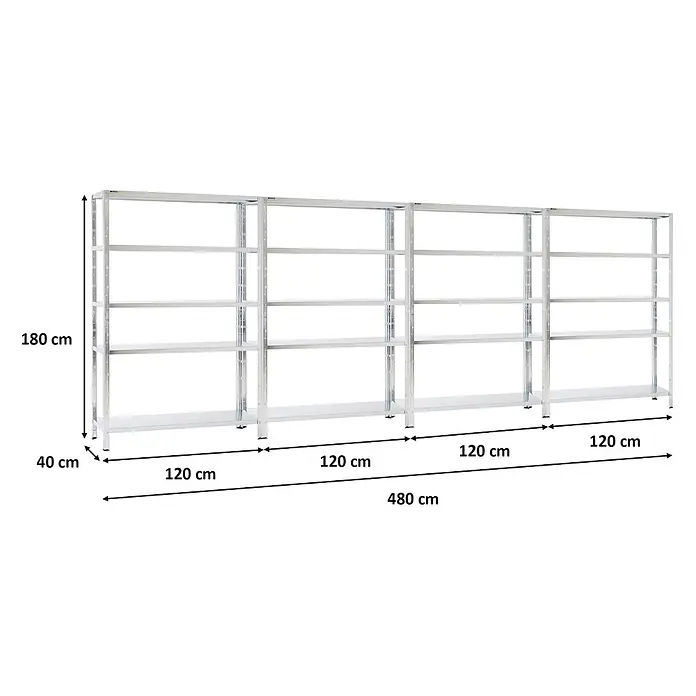 Proregal Metallregal Mega Deal Ares - H x B x T: 180 x 120 x 40 cm, Traglast pro Boden: 125 kg, Anzahl Böden: 5 Stk., Stecken, Verzinkt - Vier modulare silberne Metallregale, 180x480x40 cm, für vielseitige Lagerung.