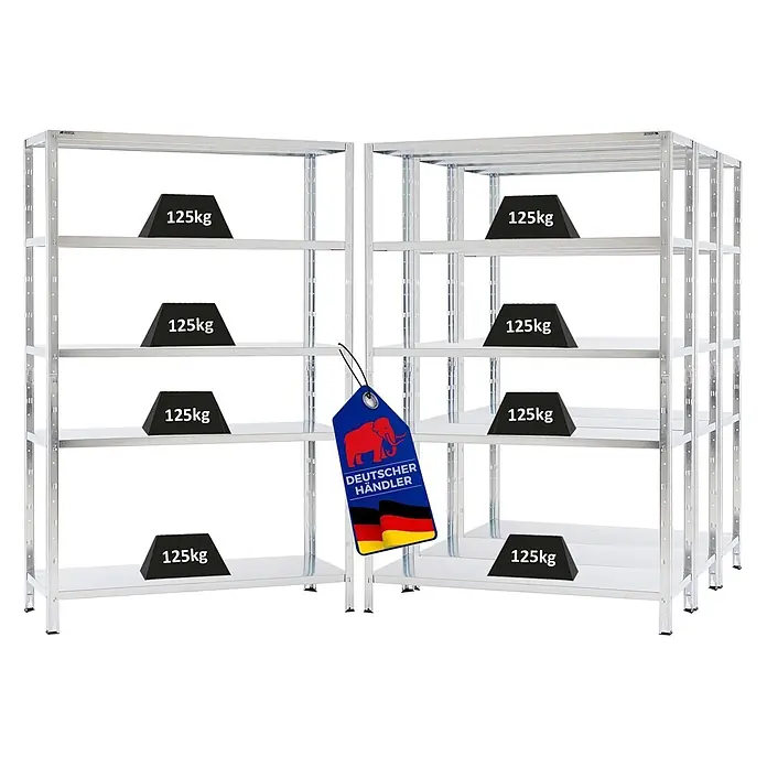 Proregal Metallregal Mega Deal Ares - H x B x T: 180 x 120 x 40 cm, Traglast pro Boden: 125 kg, Anzahl Böden: 5 Stk., Stecken, Verzinkt - Zwei silberne Metallregale, jedes Regalbrett mit einer Traglast von 125 kg, dargestellt mit schwarzen Gewichten.