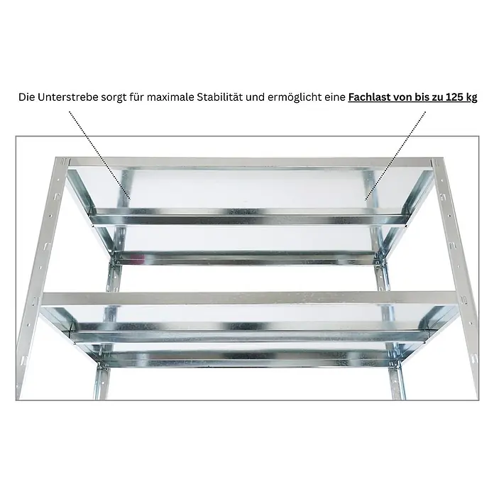 Proregal Metallregal Ares - H x B x T: 180 x 100 x 60 cm, Traglast pro Boden: 125 kg, Anzahl Böden: 5 Stk., Stecken, Verzinkt - Verzinktes Stahlregal mit stabilisierender Unterstrebe für eine Fachlast von bis zu 125 kg pro Boden.