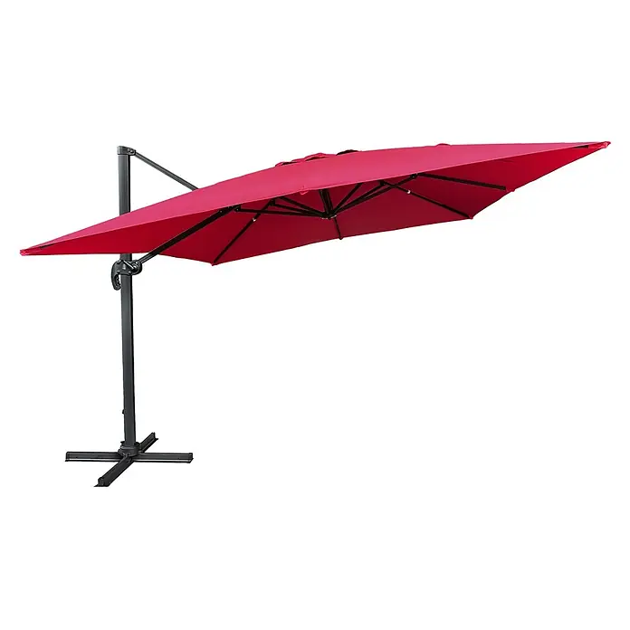 Freistehender Sonnenschirm MOLOKAI quadratisch 3x3m fuchsia + Hülle -  - Roter Ampelschirm mit dunklem Metallständer und Kreuzfuß.