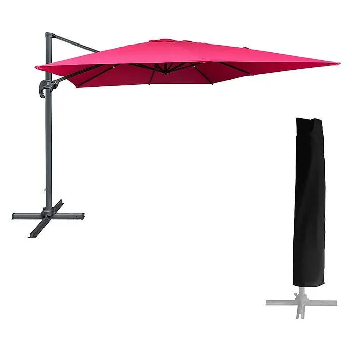 Freistehender Sonnenschirm MOLOKAI quadratisch 3x3m fuchsia + Hülle -  - Roter Ampelschirm mit grauem Gestell und Kreuzfuß, inklusive schwarzer Schutzhülle.