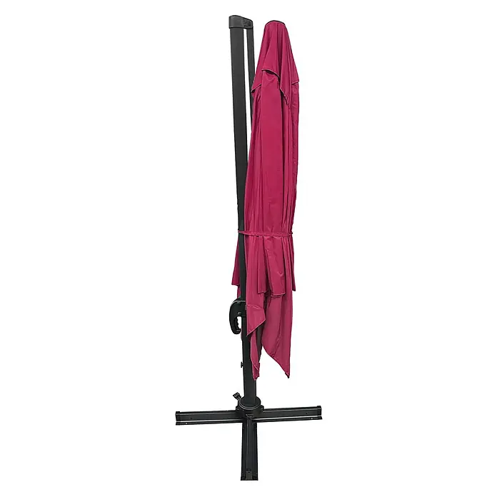 Freistehender Sonnenschirm MOLOKAI quadratisch 3x3m fuchsia + Hülle -  - Geschlossener fuchsiafarbener Ampelschirm mit schwarzem Ständer und Kreuzfuß.
