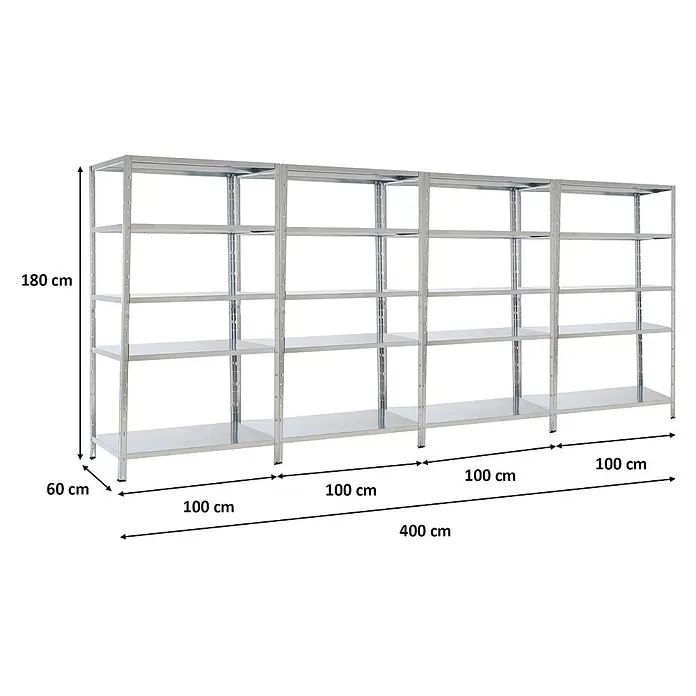 Proregal Metallregal Mega Deal Ares - H x B x T: 180 x 100 x 60 cm, Traglast pro Boden: 125 kg, Anzahl Böden: 5 Stk., Stecken, Verzinkt - Vierteiliges Metallregal aus verzinktem Stahl mit fünf Böden. Maße: 180 cm hoch, 60 cm tief, 400 cm breit.