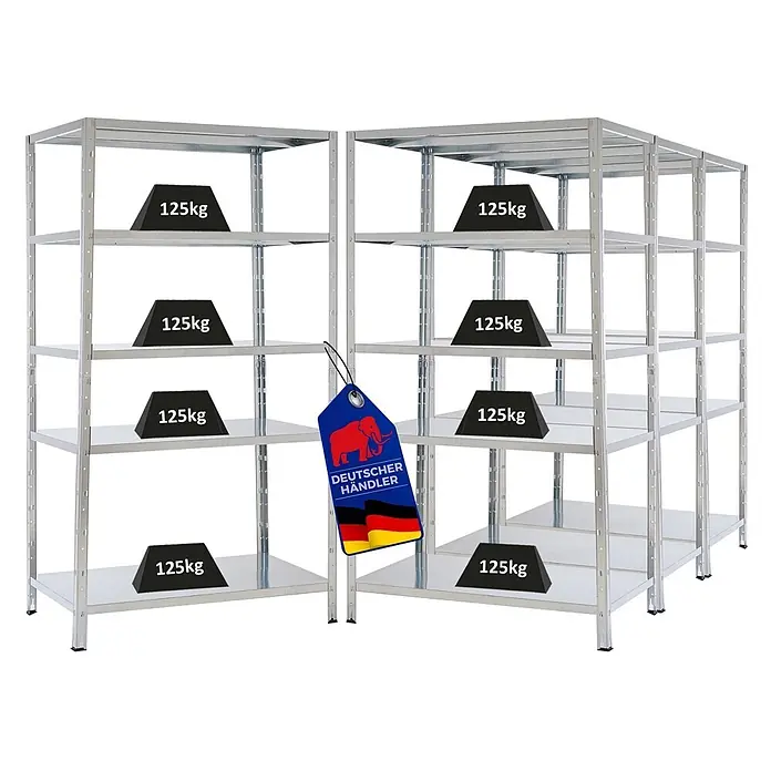Proregal Metallregal Mega Deal Ares - H x B x T: 180 x 100 x 60 cm, Traglast pro Boden: 125 kg, Anzahl Böden: 5 Stk., Stecken, Verzinkt - Silbernes Metallregalsystem mit mehreren Böden, jeder trägt 125 kg Gewicht für schwere Lasten.