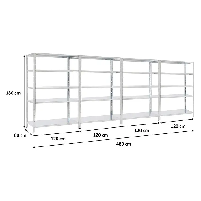 Proregal Metallregal Mega Deal Ares - H x B x T: 180 x 120 x 60 cm, Traglast pro Boden: 125 kg, Anzahl Böden: 5 Stk., Stecken, Verzinkt - Verzinktes Metallregal mit vier Abteilen, 480x60x180 cm, für vielseitige Lagerung.