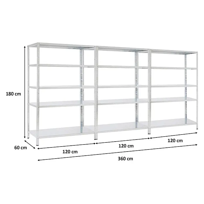 Proregal Metallregal Mega Deal Ares - H x B x T: 180 x 120 x 60 cm, Traglast pro Boden: 125 kg, Anzahl Böden: 5 Stk., Stecken, Verzinkt - Dreiteiliges verzinktes Metallregal mit fünf verstellbaren Böden pro Sektion, ideal zur Lagerung.