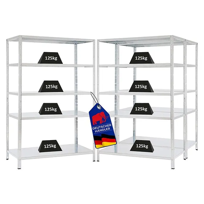 Proregal Metallregal Mega Deal Ares - H x B x T: 180 x 120 x 60 cm, Traglast pro Boden: 125 kg, Anzahl Böden: 5 Stk., Stecken, Verzinkt - Zwei silberne Metallregale, jedes mit vier Böden, die eine Traglast von 125 kg pro Boden zeigen, mit einem deutschen Händleretikett.