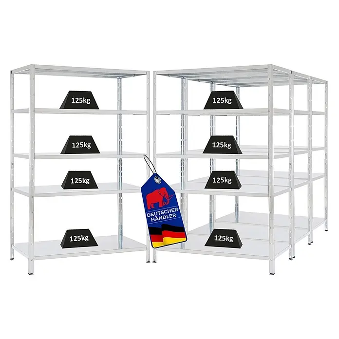 Proregal Metallregal Mega Deal Ares - H x B x T: 180 x 120 x 60 cm, Traglast pro Boden: 125 kg, Anzahl Böden: 5 Stk., Stecken, Verzinkt - Zwei verzinkte Stahlregale, jede Ablage mit 125kg Gewicht, plus deutsches Händler-Etikett.