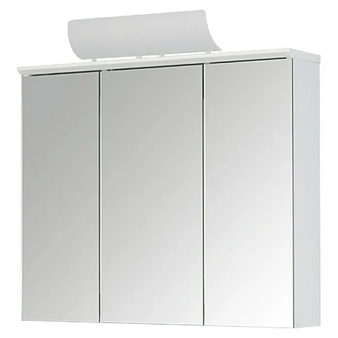 Jokey Spiegelschrank Manos - B x H: 72,5 x 73 cm, Holz, Weiß - Weißer Spiegelschrank mit drei Türen und einer oberen Lampe für Badezimmer oder andere Räume. Praktisch und stilvoll.
