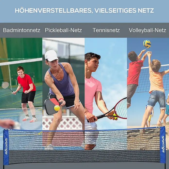 Sportnow Badminton-Set - Metall, Blau - Blau-schwarzes, höhenverstellbares Sportnetz, gezeigt im Einsatz für Badminton, Pickleball, Tennis und Volleyball.