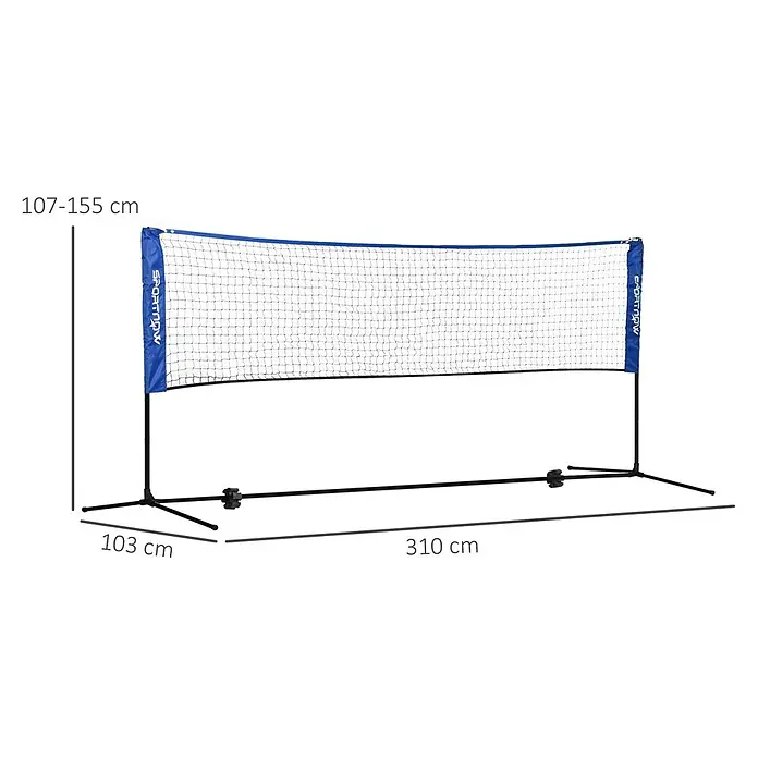 Sportnow Badminton-Set - Metall, Blau - Tragbares Sportnetz mit verstellbarer Höhe (107-155 cm), blauem Rand, schwarzem Netz, 310 cm breit, auf schwarzen Stangen.