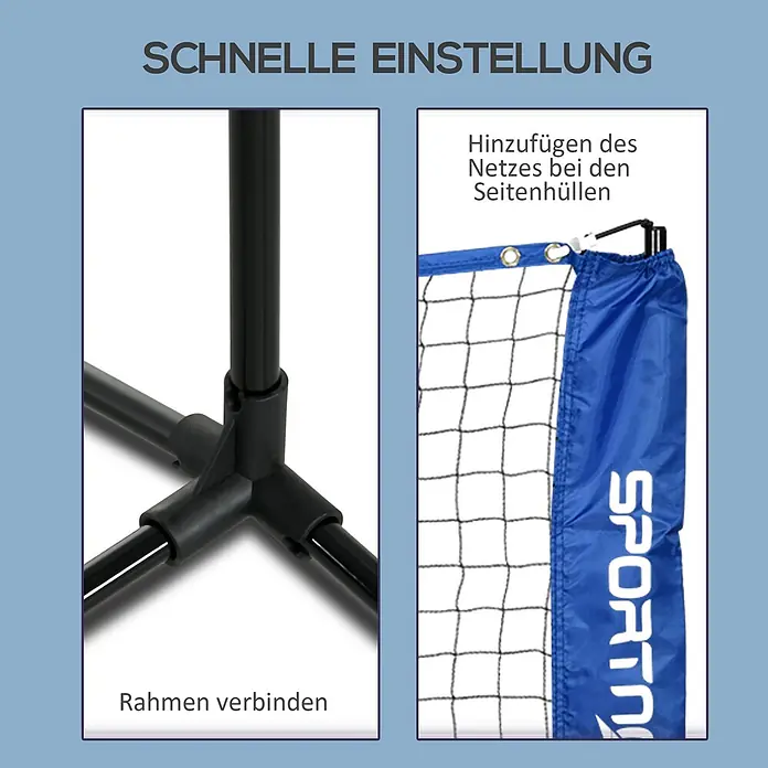 Sportnow Badminton-Set - Metall, Blau - Schwarze Rahmenverbinder und blaue Netzhülle mit Logo, zeigen schnelle Sportnetzmontage.