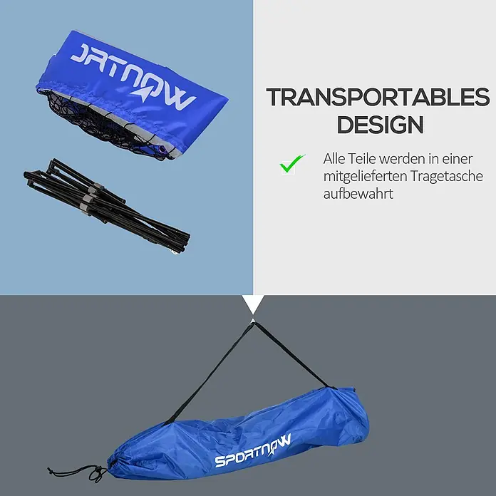 Sportnow Badminton-Set - Metall, Blau - Blaues tragbares Sportnetz mit schwarzen Stangen und einer blauen Tragetasche, das seine einfache Transportierbarkeit zeigt.