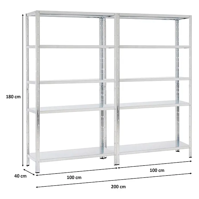 Proregal Metallregal Mega Deal Ares - H x B x T: 180 x 100 x 40 cm, Traglast pro Boden: 125 kg, Anzahl Böden: 5 Stk., Stecken, Verzinkt - Zwei verbundene Schwerlastregale aus verzinktem Stahl mit je fünf Fachböden.