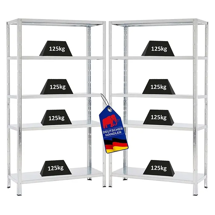 Proregal Metallregal Mega Deal Ares - H x B x T: 180 x 100 x 40 cm, Traglast pro Boden: 125 kg, Anzahl Böden: 5 Stk., Stecken, Verzinkt - Zwei silberne Metallregale, jedes mit fünf Ablagen und 125kg Gewichten, zeigen hohe Tragfähigkeit.