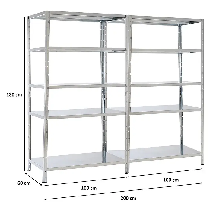 Proregal Metallregal Mega Deal Ares - H x B x T: 180 x 100 x 60 cm, Traglast pro Boden: 125 kg, Anzahl Böden: 5 Stk., Stecken, Verzinkt - Zwei verbundene silberfarbene Metallregale mit jeweils fünf Böden, Maße angegeben.