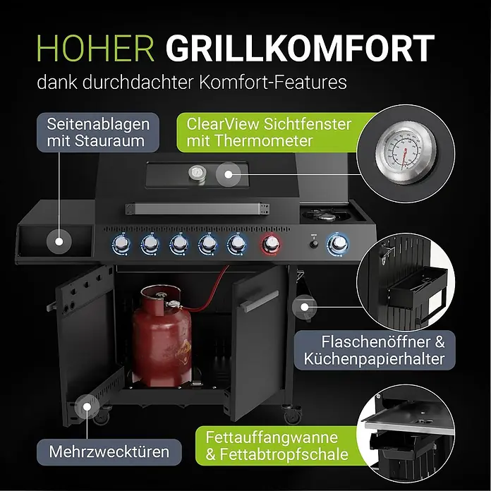 Juskys Gasgrill Tennessee - 21,5 kW, Anzahl Brenner: 6 Stk. - Schwarzer Gasgrill mit Seitenablagen, Sichtfenster, Thermometer, Flaschenöffner und Fettauffangwanne.