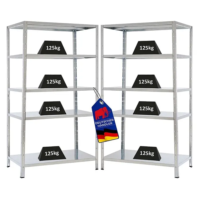 Proregal Metallregal Mega Deal Ares - H x B x T: 180 x 100 x 60 cm, Traglast pro Boden: 125 kg, Anzahl Böden: 5 Stk., Stecken, Verzinkt - Zwei Metallregale mit je 5 Ablagen, zeigen 125kg Tragfähigkeit pro Ablage und ein deutsches Händleretikett.
