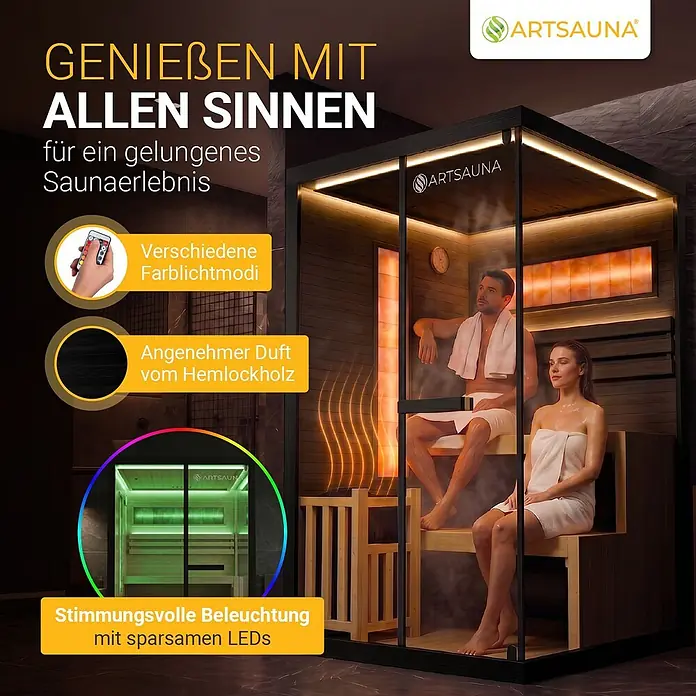 Artsauna Elementsauna Vantaa - L x B x H: 120 x 120 x 200 cm - Moderne Sauna mit Glasfront und Holzinterieur, ausgestattet mit farbwechselnder LED-Beleuchtung und zwei Personen, die ein entspannendes Saunaerlebnis genießen.