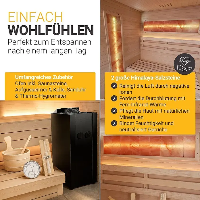 Artsauna Elementsauna Vantaa - L x B x H: 120 x 120 x 200 cm - Holzsauna mit schwarzem Ofen, Bänken und beleuchteten Himalaya-Salzsteinen zur Entspannung. Inklusive Zubehör wie Eimer und Thermometer.