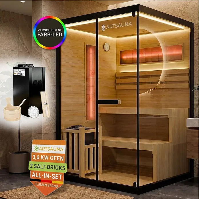 Artsauna Elementsauna Vantaa - L x B x H: 120 x 120 x 200 cm - Moderne Infrarotsauna aus Holz und Glas mit schwarzem Rahmen, LED-Beleuchtung und Bänken, in einem Badezimmer platziert.