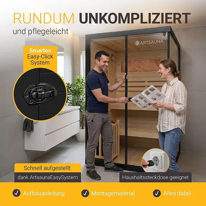 Artsauna Elementsauna Vantaa - L x B x H: 120 x 120 x 200 cm - Moderne Holz-Glas-Sauna für Zuhause, einfach im Badezimmer aufstellbar. Mit Easy-Click-System und Anschluss an die Haushaltssteckdose.