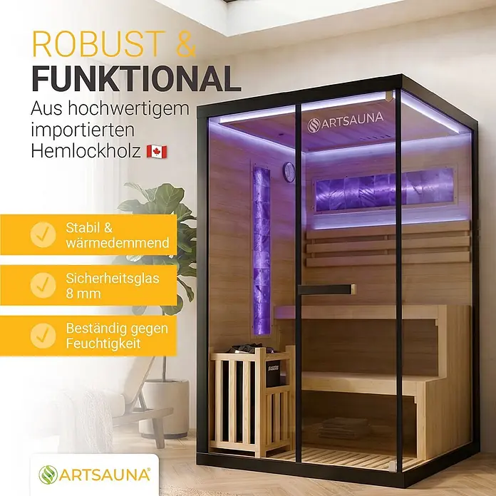 Artsauna Elementsauna Vantaa - L x B x H: 120 x 120 x 200 cm - Eine moderne, robuste Innensauna aus Hemlockholz mit schwarzem Rahmen, Klarglastüren, lila Ambientebeleuchtung und Bänken.