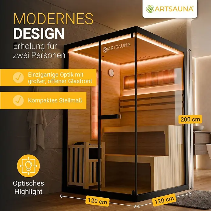 Artsauna Elementsauna Vantaa - L x B x H: 120 x 120 x 200 cm - Moderne 2-Personen-Sauna mit Holzinterieur, schwarzem Rahmen, großer Glasfront und integrierter Beleuchtung. Maße: 120x120x200 cm.