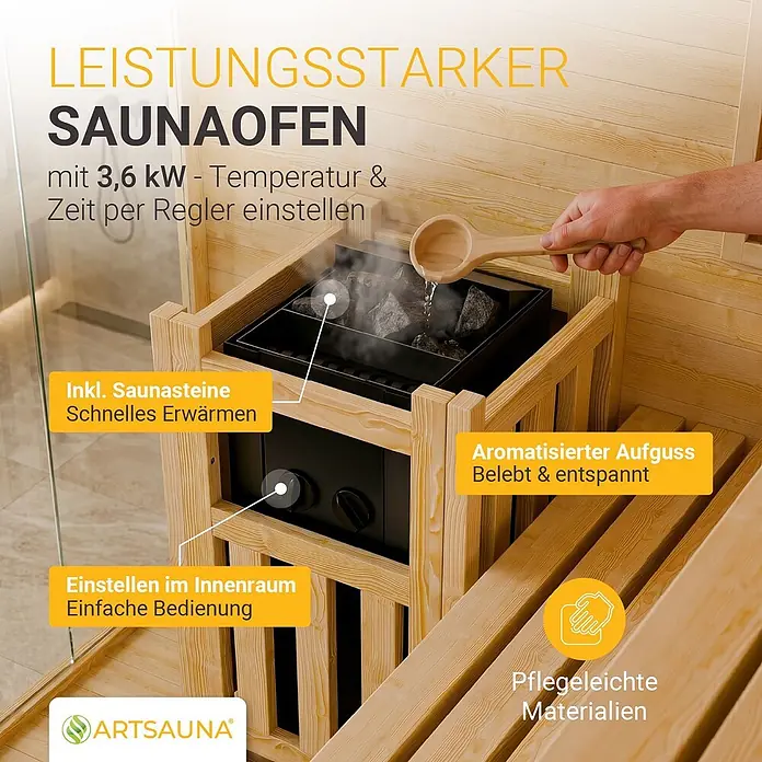 Artsauna Elementsauna Vantaa - L x B x H: 120 x 120 x 200 cm - Leistungsstarker 3,6 kW Saunaofen mit Steinen in einer Holzsauna. Eine Hand gießt Wasser für einen Aufguss auf.