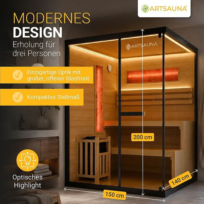 Artsauna Elementsauna Vantaa - L x B x H: 150 x 140 x 200 cm - Moderne Holzsauna mit großer Glasfront und schwarzem Rahmen, für drei Personen. Maße: 150x140x200 cm.