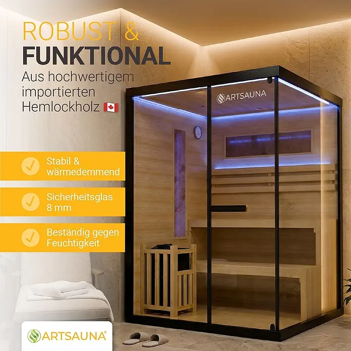 Artsauna Elementsauna Vantaa - L x B x H: 150 x 140 x 200 cm - Moderne ARTSAUNA Kabine aus importiertem Hemlockholz mit 8mm Sicherheitsglas, blauer LED-Beleuchtung und robuster, wärmedämmender Konstruktion.