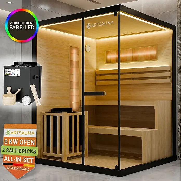 Artsauna Elementsauna Vantaa - L x B x H: 150 x 140 x 200 cm - Moderne Holzsaunakabine mit schwarzem Rahmen, Glastür und Innenbeleuchtung, dazu Ofen und Zubehör.