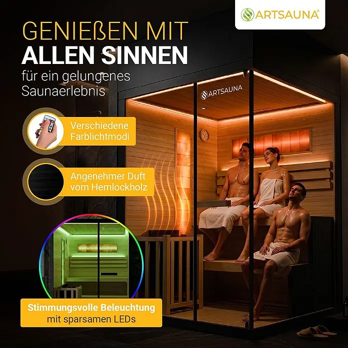 Artsauna Elementsauna Vantaa - L x B x H: 150 x 140 x 200 cm - Artsauna Kabine mit Personen, die farbige LED-Beleuchtung und Hemlockholzduft genießen. Zeigt verschiedene Lichtmodi.