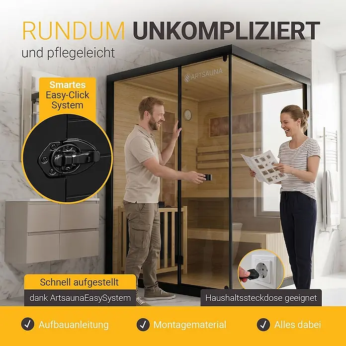 Artsauna Elementsauna Vantaa - L x B x H: 150 x 140 x 200 cm - Moderne Artsauna Kabine mit Holzausstattung und Glastür, einfache Montage und kompatibel mit Haushaltssteckdosen.