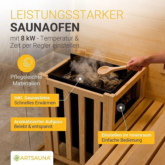 Artsauna Elementsauna Vantaa - L x B x H: 140 x 175 x 200 cm - Hölzerner Saunaofen mit Steinen, der Dampf erzeugt, während Wasser aufgegossen wird. Mit 8 kW Leistung und Innenraumreglern.