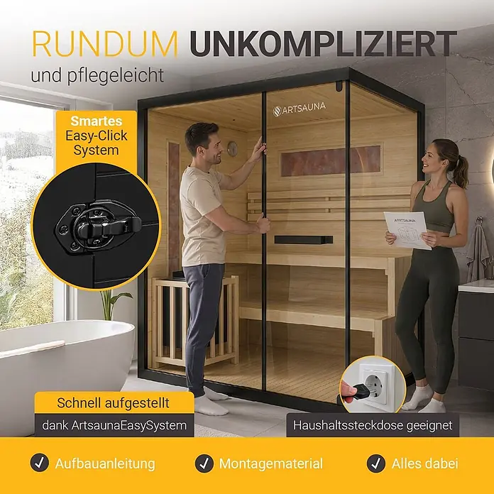 Artsauna Elementsauna Vantaa - L x B x H: 140 x 175 x 200 cm - Moderne Holzsauna mit schwarz gerahmten Glaspaneelen, zeigt einfache Montage und Anschluss an Haushaltssteckdose.