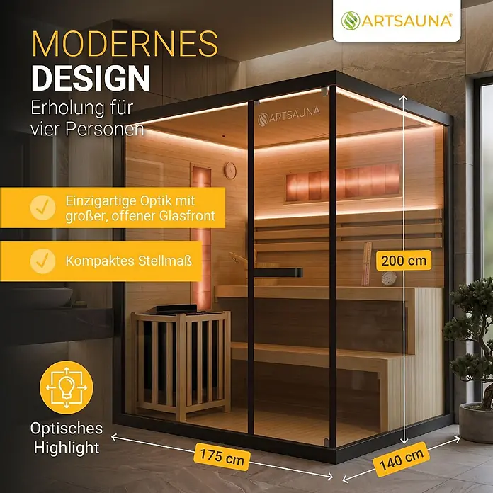 Artsauna Elementsauna Vantaa - L x B x H: 140 x 175 x 200 cm - Moderne Vierspersonen-Sauna mit Holzinterieur, großer Glasfront und schwarzem Rahmen. Maße: 175x140x200 cm.