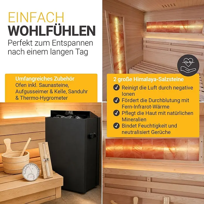 Artsauna Elementsauna Vantaa - L x B x H: 140 x 175 x 200 cm - Saunainnenraum mit zwei großen beleuchteten Himalaya-Salzsteinen, schwarzem Ofen und Holzzubehör wie Eimer und Thermometer.