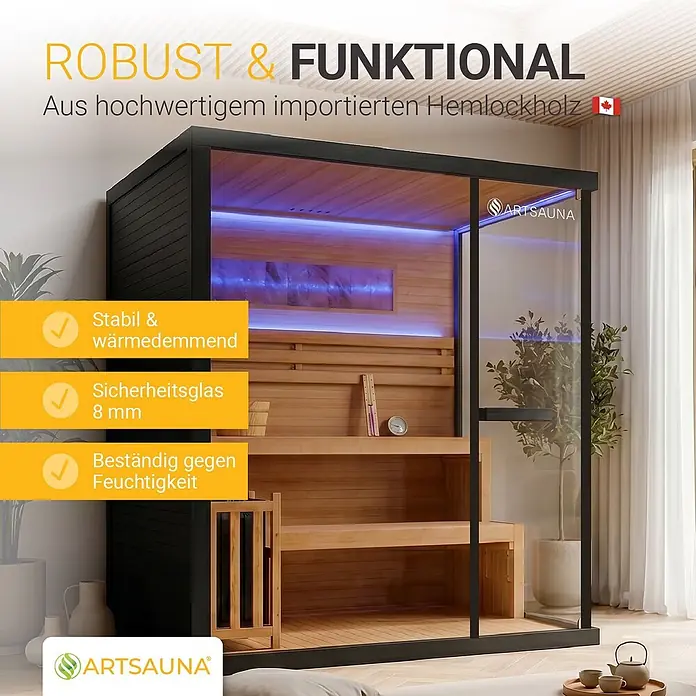 Artsauna Elementsauna Vantaa - L x B x H: 140 x 175 x 200 cm - Moderne Saunakabine mit schwarzem Rahmen, Glastür und hellem Hemlockholz-Interieur, robust und funktional.