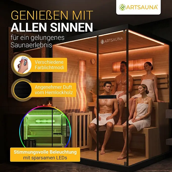 Artsauna Elementsauna Vantaa - L x B x H: 140 x 175 x 200 cm - Moderne ARTSAUNA mit Glasfront, Holzinterieur, Personen, farbiger LED-Beleuchtung und Holzaroma.
