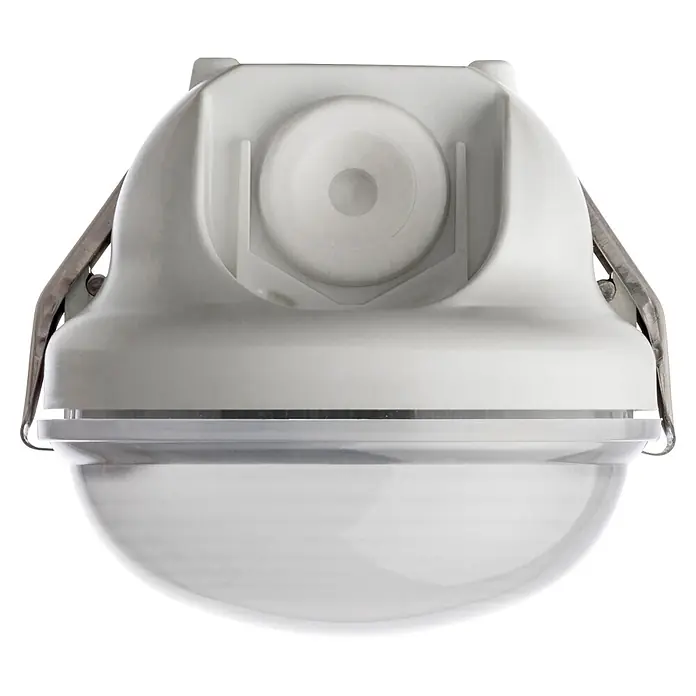 Pracht LED-Feuchtraumlichtleiste LUNA BL LED - L x B x H: 150 x 9 x 8 cm, Lichtfarbe: Neutralweiß, 47 W, IP65 - Weiße, kuppelförmige Leuchte mit klarem Unterteil und seitlichen Metallklammern.
