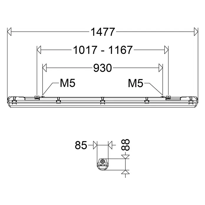 Schuch LED-Feuchtraumlichtleiste LUXANO 2 167 15LG2 VARIO - L x B x H: 147,7 x 8,5 x 8,8 cm, Lichtfarbe: Neutralweiß, 43 W, IP65 - Technische Zeichnung einer rechteckigen Leuchte mit Gesamtlänge 1477mm, Befestigungspunkten M5 bei 930mm und 1017-1167mm, sowie Querschnitt 85x88mm.