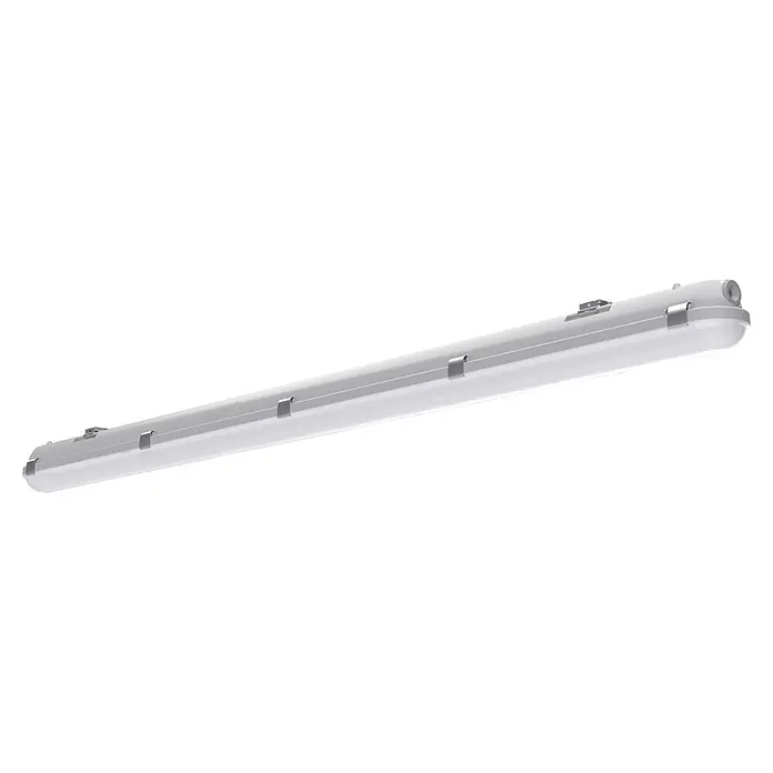Pracht LED-Feuchtraumlichtleiste LUNA ECO - L x B x H: 158,5 x 7,4 x 7,9 cm, Lichtfarbe: Neutralweiß, 39 W, IP65 - Weiße lineare LED-Leuchte mit transluzentem Diffusor und Metallklammern, geeignet für industrielle oder feuchte Umgebungen.