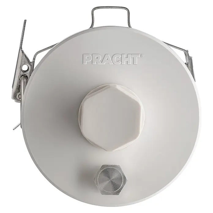 Pracht LED-Feuchtraumlichtleiste TUBIS BL LED - L x B x H: 162,9 x 8,1 x 8 cm, Lichtfarbe: Neutralweiß, 24 W, IP65 - Rundes weißes Industriegehäuse oder Leuchte mit Metallgriff, "PRACHT"-Logo und sechseckigen Elementen.