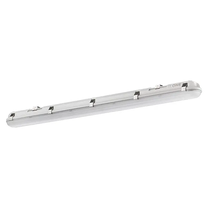 Pracht LED-Feuchtraumlichtleiste LUNA BL ONE - L x B x H: 120 x 8 x 8 cm, Lichtfarbe: Neutralweiß, 38 W, IP65 - Weisse lineare LED-Leuchte mit matter Abdeckung und Metallklammern, geeignet für raue Umgebungen.